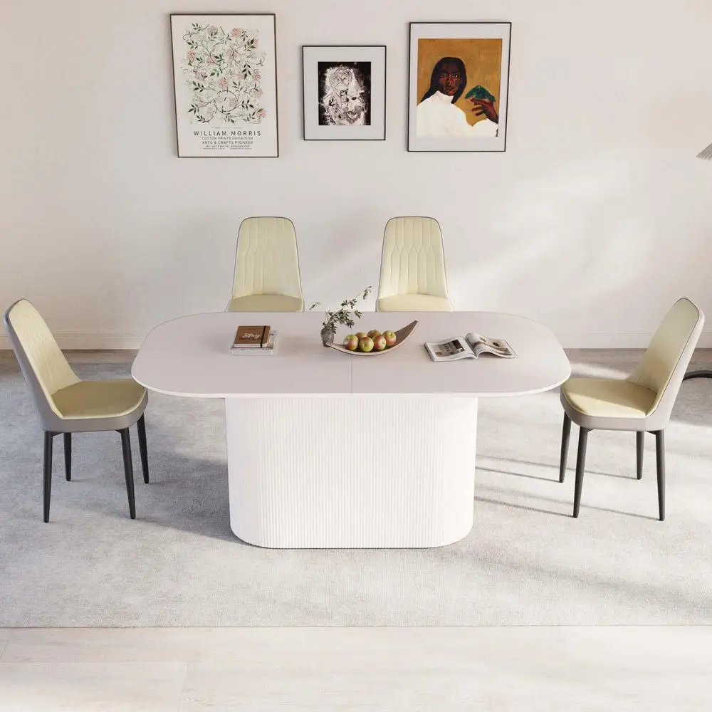 63 inch crèmekleurige moderne MDF eettafelset met 4 PU lederen stoelen, zwarte metalen poten, ergonomische gedempte zitplaatsen voor thuis