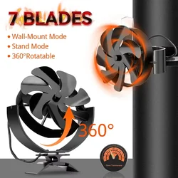Ventilador para hogar negro de 7 aspas, quemador de leña multifunción, distribución de calor ecológica eficiente para el hogar, ventilador de estufa silencioso