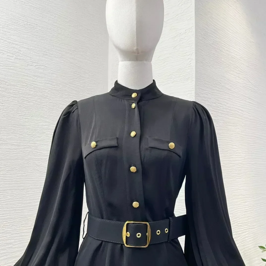 2024 outono novo clássico sólido preto longo lanterna manga gola com cinto feminino vestido midi de alta qualidade