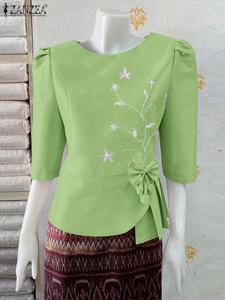 

ZANZEA Elegant Asymmetrical Hem Blouses Woman Casual Floral Embroidery O-Neck Half Sleeve Blusas Mujer Summer Bow Detail Tops