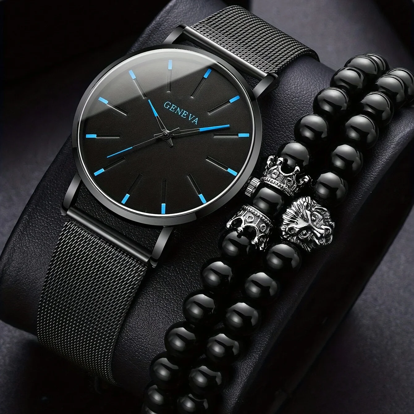 

1pc Fashion Black Men's Mesh Strap Quartz Watch & 2pcs Black Bracelets, Gift Set