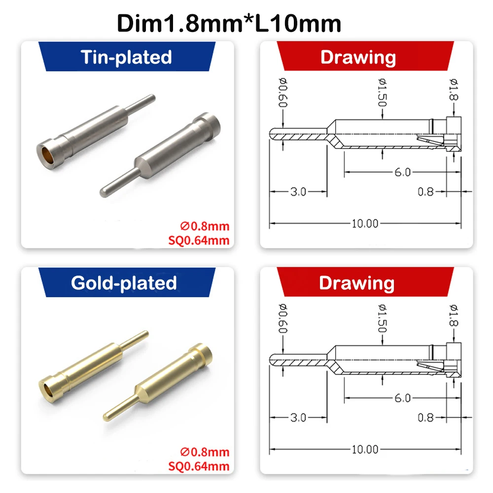 500pcs Hole Female Header Receptacle D1.8xL10mm for Male Round Pin Dim0.8 (0.66-0.9mm) or Square SQ0.64 Gold Tin PCB Jack Socket