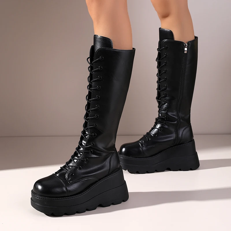 ​ ​ 2025 가을 겨울 신상 여성용 블랙 레이스업 니하이 라이딩 부츠 - 플랫폼 힐 승마 부츠 다리 슬림 효과 롱부츠