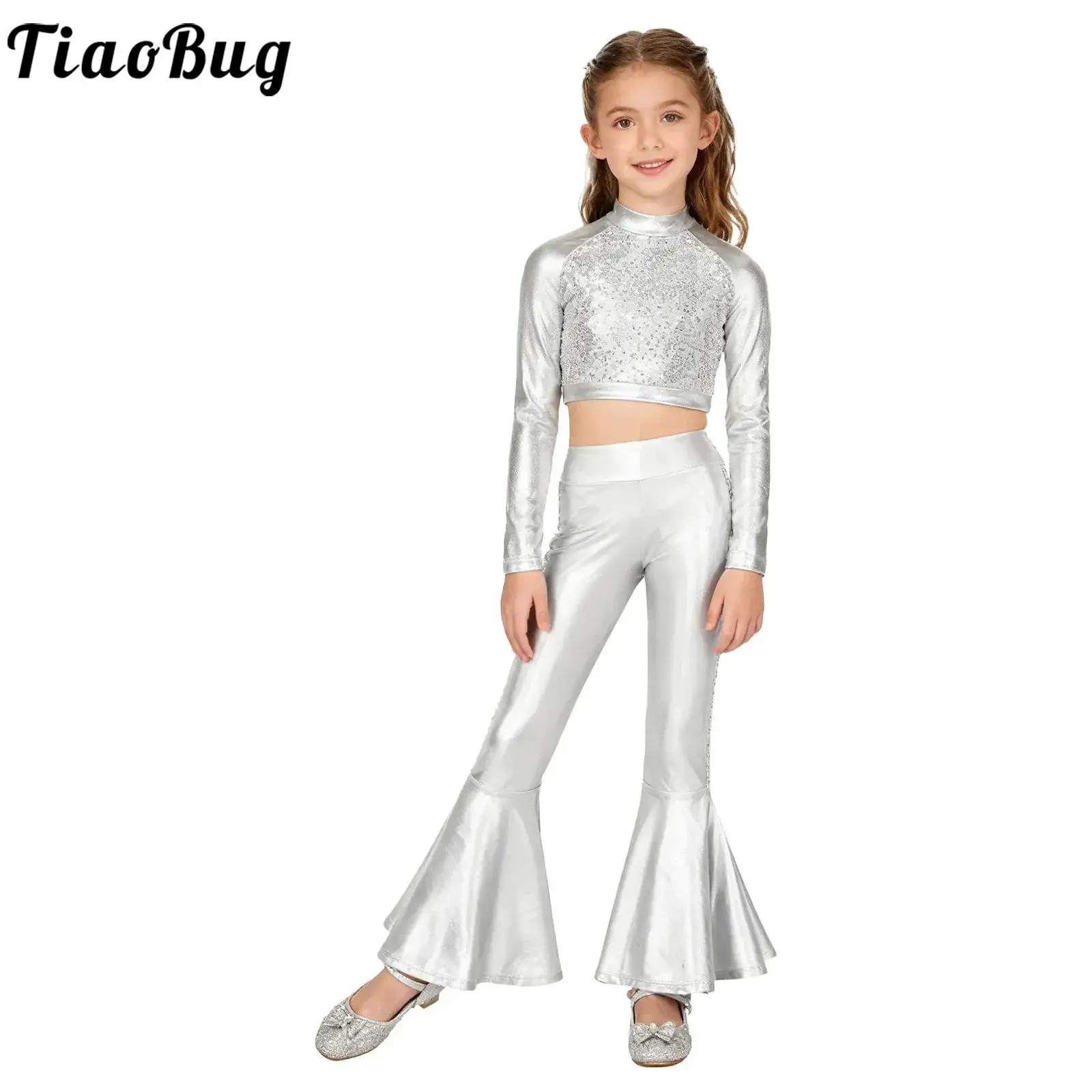 

Kid Girls Jazz Dance Performance Costume 2pcs Modern Latin Dancewear Long Sleeve Sequin Metallic Crop Top with Bell-bottom Pants