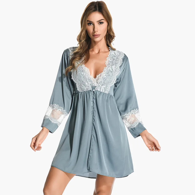 

Kimono Bathrobe Gown Sleepwear Perspective Lace Satin Long Sleeve Home Clothing Women Robe Set Casual Intimate Lingerie