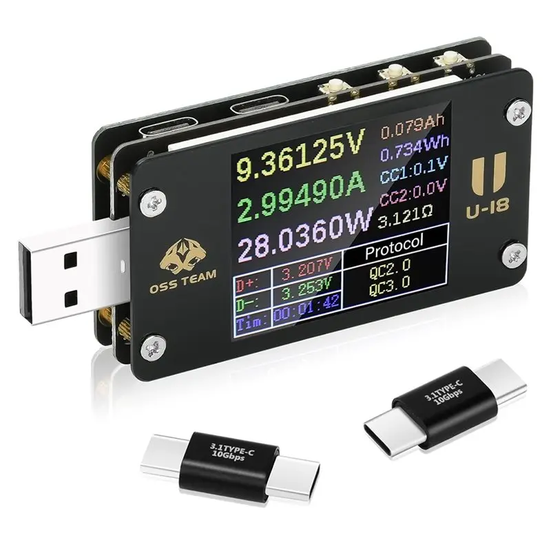 

Мультиметр MCGS-USB, тестер питания USB-C, тестер USB-C, DC 4-25В 6.5А, 1.77-дюймовый многофункциональный измеритель напряжения и тока