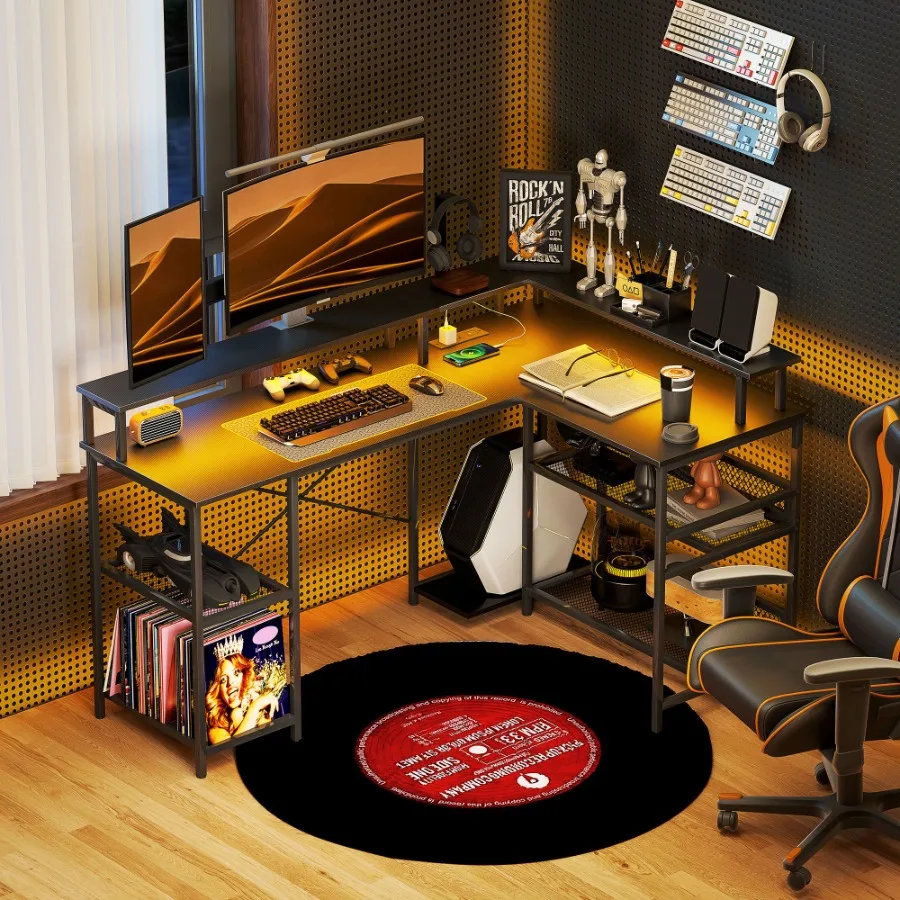 مكتب HOMCOM على شكل حرف L مقاس 59 بوصة مع مكتب زاوية تخزين مع أضواء LED ومنافذ طاقة للمكتب المنزلي ومساحة صغيرة باللون الأسود #2