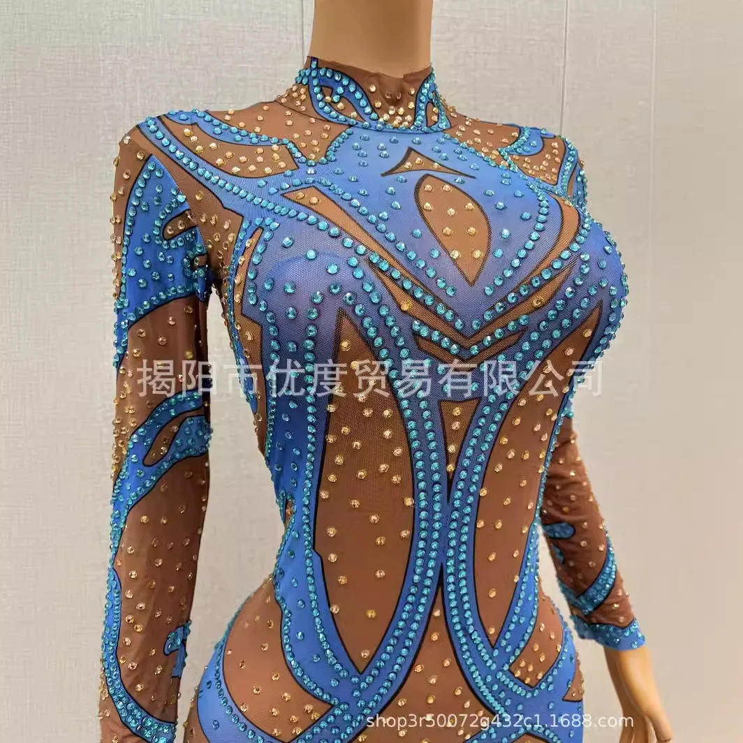 Sexy Nische Luxus Strass Mesh Slim Overall Sänger Nacht Empfang Leistung Blau Goldfisch Designer Luxus Abendkleider