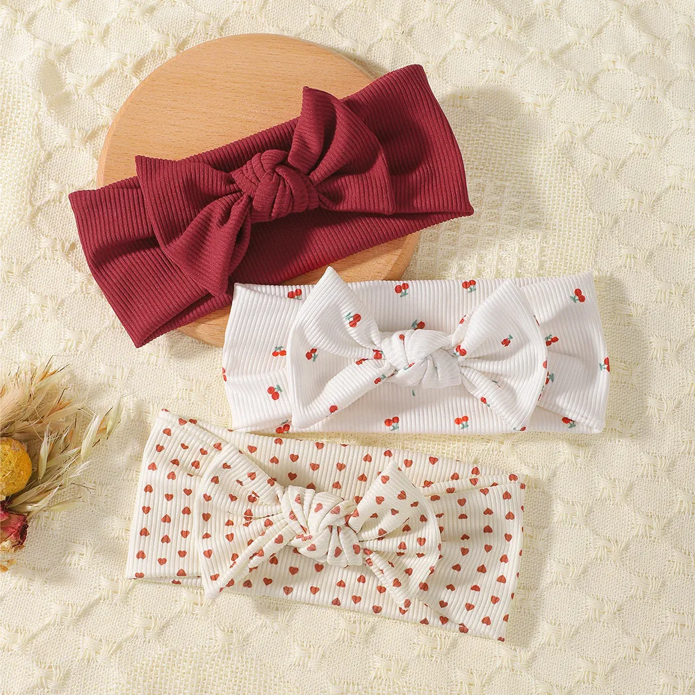 3-teiliges Baby-Stirnband-Set mit geknoteter Schleife, Turban, gerippte Haarbänder für Neugeborene, Kirschherz-Druck, Haarschmuck für Kleinkinder, Kopfwickel für Kleinkinder – Detail 13