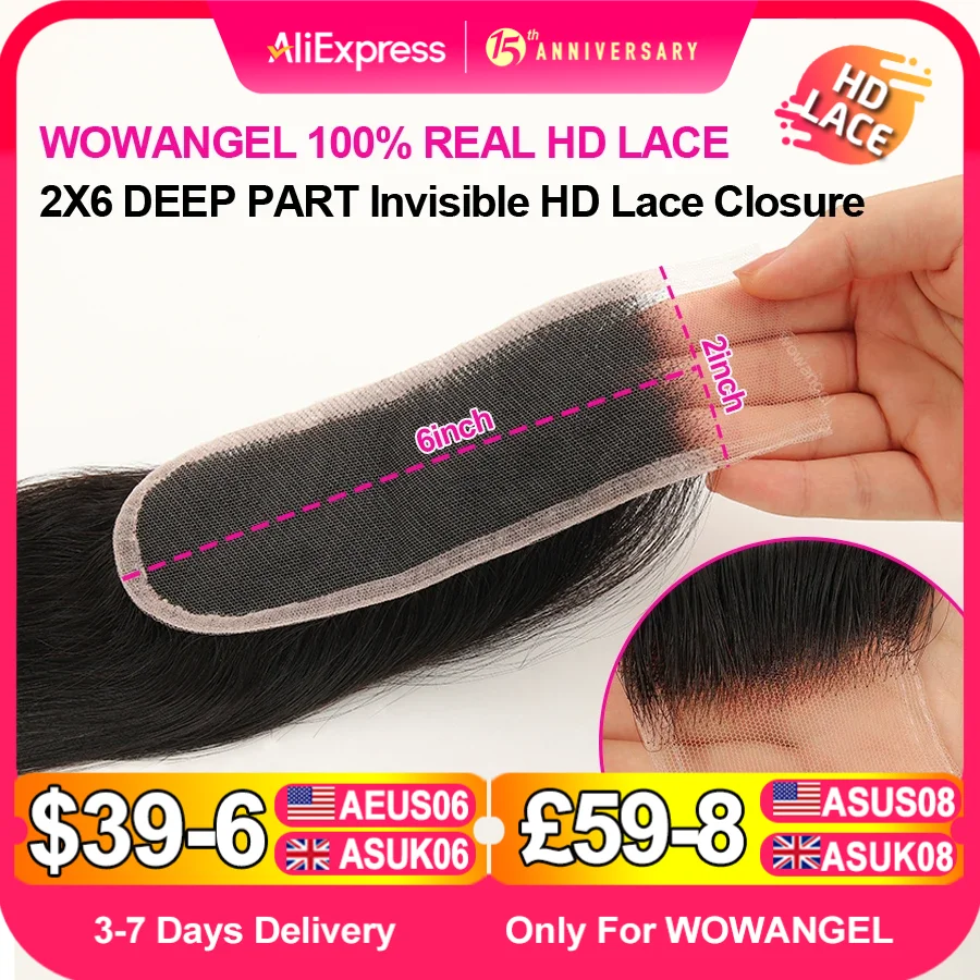 WOWANGEL 2x6 Deep Parting HD Lace Closure Frontal Only Melt Skin Straight Hair Kim K Closure Pre Plucked Virgin Hair For Woman