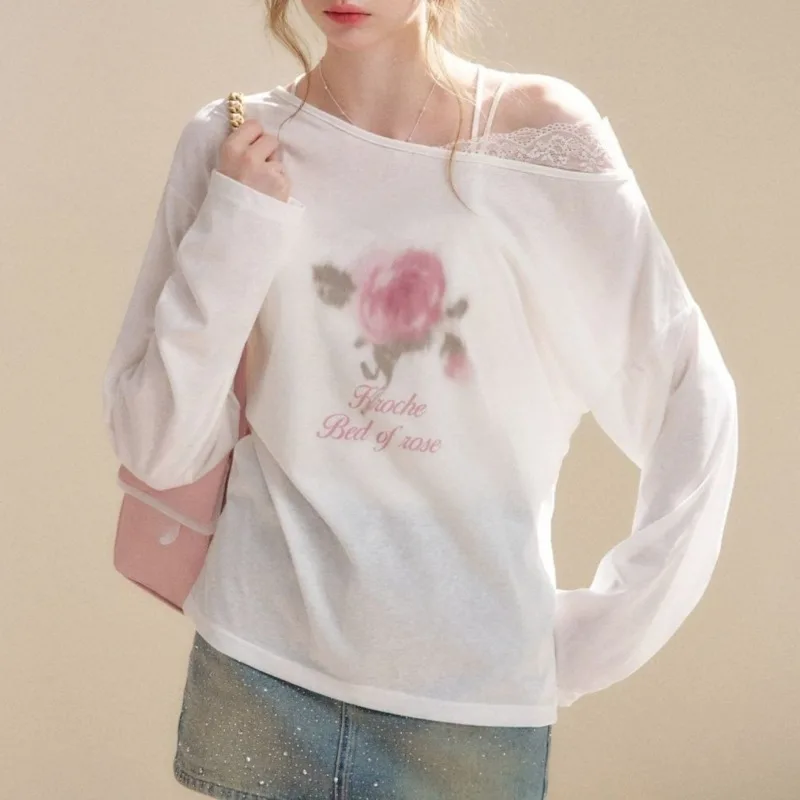 Kimutomo Women T Shirts Rose Flowers Printed Lace Patchwork Long Sleeve Vintage Sweet Elegant Tops Ladies Y2k Harajuku Casual