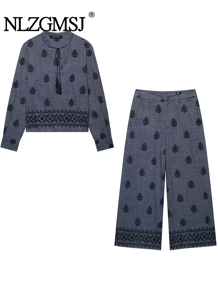 

Винтажный шикарный женский костюм с вышивкой, блузка с круглым вырезом, свободные брюки, модные комплекты из двух предметов для летних каникул 2025 года