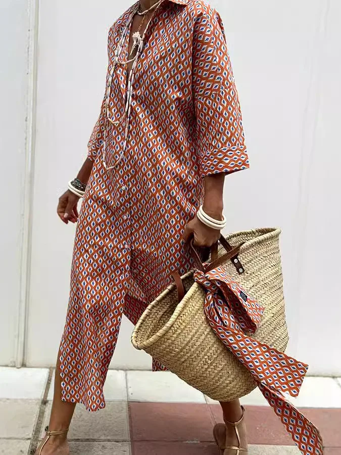 Vestido tipo cárdigan con abertura y botones estampados, estilo urbano, cintura hoada, manga larga, vestido largo tipo c...