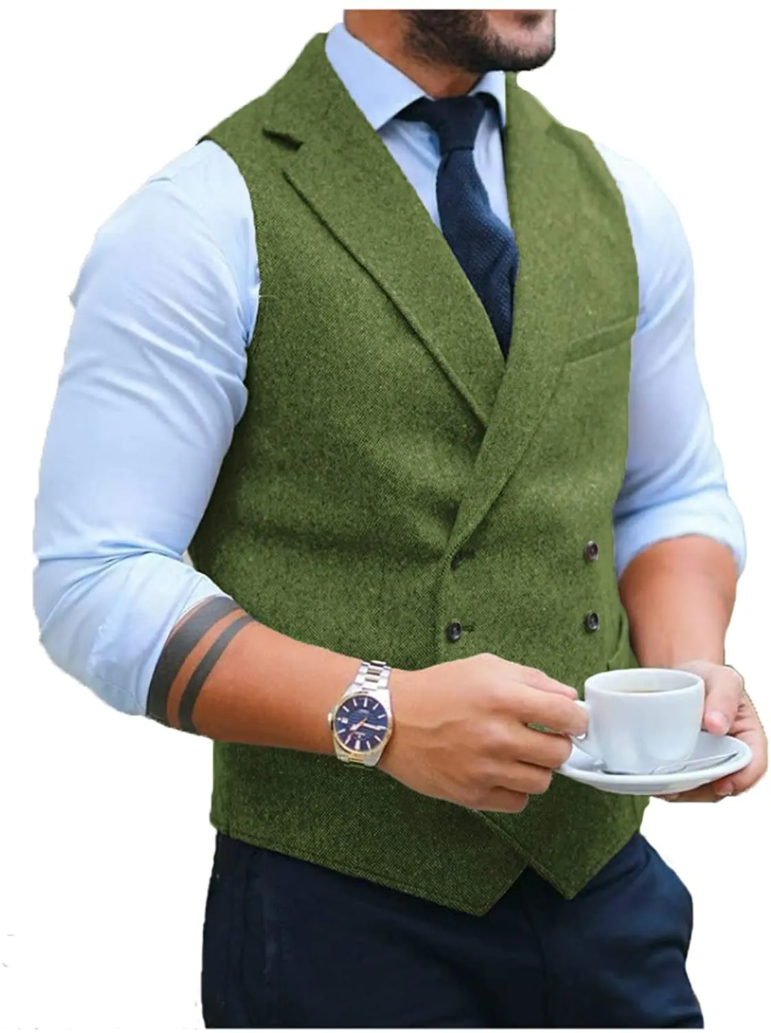 

Men's Suit Vest Green Herringbone Wool Tweed Tailored Collar Double Breasted Vest For Men Wedding Steampunk Clothing Vest 2022