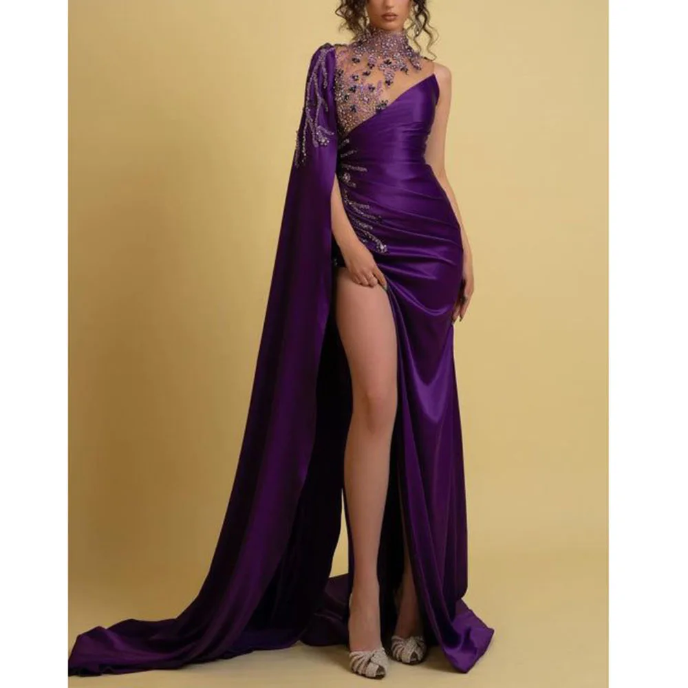 High-end Purple Evening Party Dresses Floor Length Mermaid High Side Split Full Sleeves Crystal Women Banquet Prom Gowns