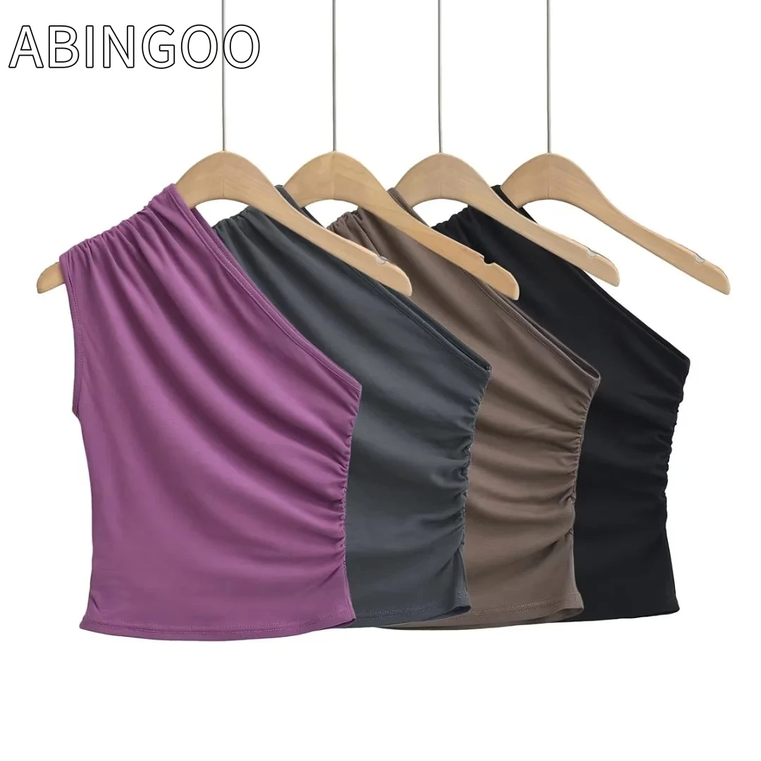 

ABINGOO Wrinkle Sloping Shoulder Camisole Vest Women Clothes One-Shoulder Sleeveless Crop Top Skinny Sexy Solid All-match Tees