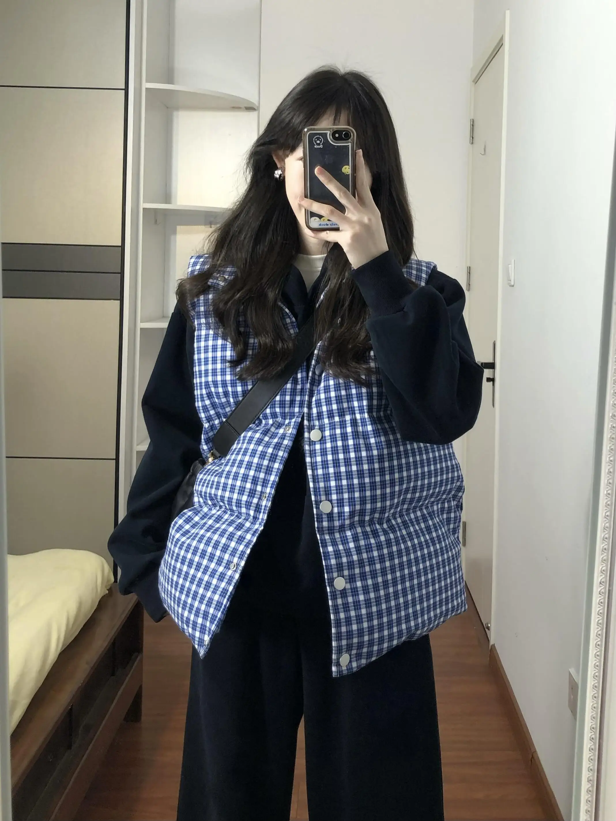 

Синий клетчатый утепленный хлопковый жилет для женщин, зимняя верхняя одежда, теплый многослойный топ больших размеров, удобный, в корейском стиле, с пуговицами