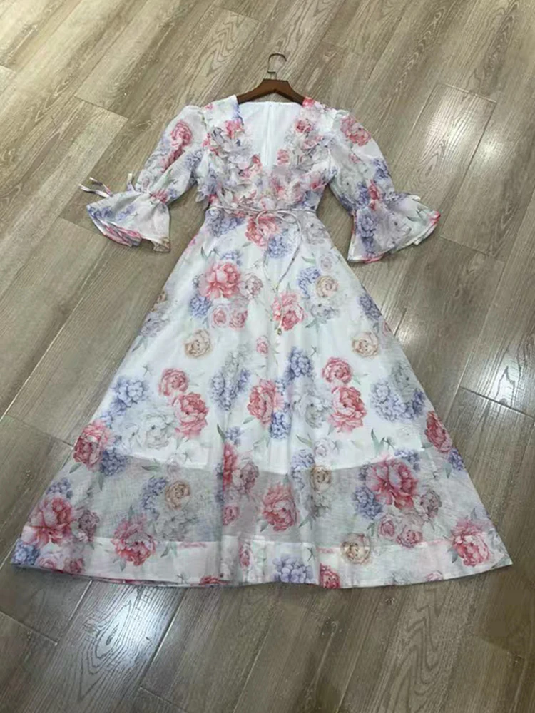 Retro printed V-neck applique lace-up cinched waist short-sleeved dress 2025 summer women's fashion loose A-line dress