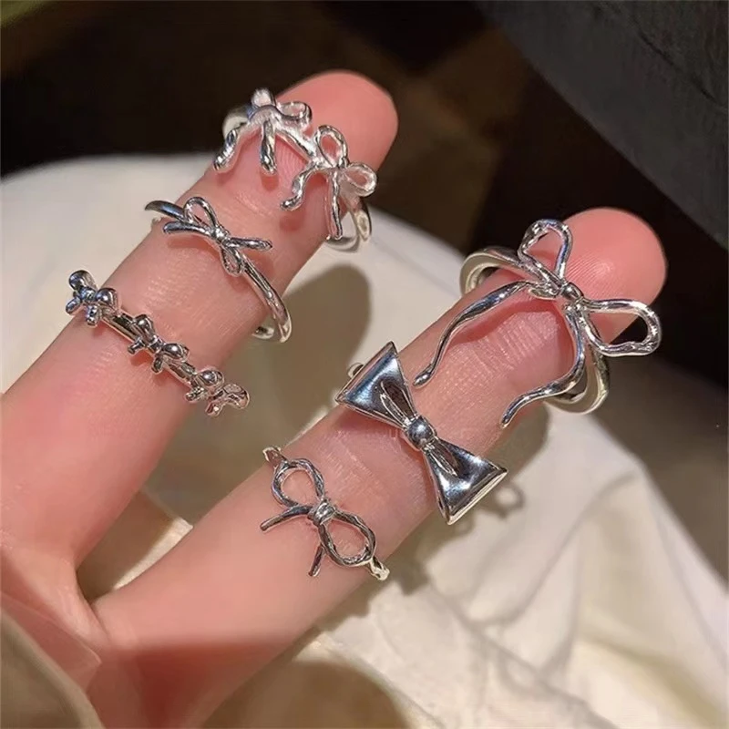 Cute Silver Plated Bow Open Adjustable Ring Elegant Minimalist Jewelry Gift for Women Girls Valentines Day Birthday Present