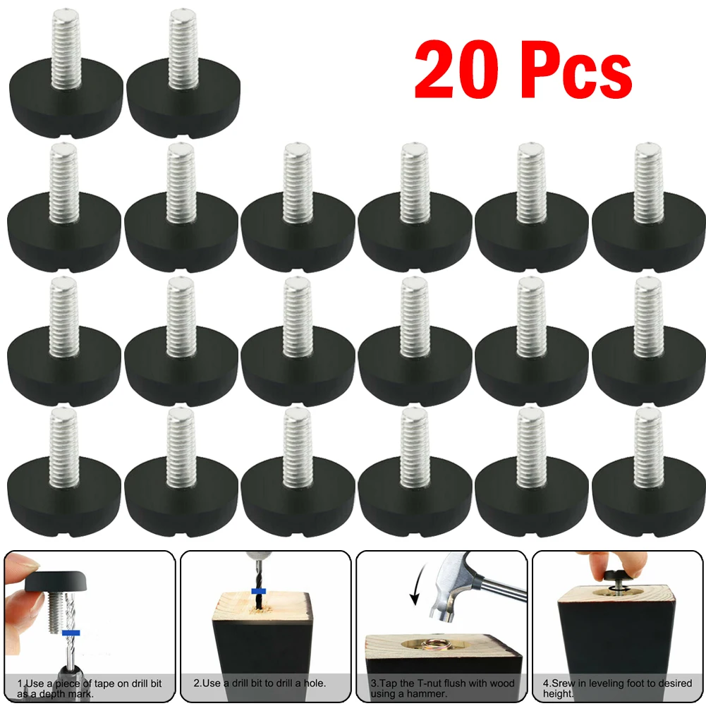 20Pcs M6 Rubber Adjustable Feet Pad With Screw Table Chair Balck Leveling Foot Pad Furniture Leg Anti-shock Protectio