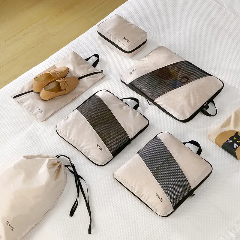 厚手ポリエステル製トラベル衣類収納バッグ-旅行必需品セット-巾着式シューズカバーオーガナイザー-6点セット収納バッグ