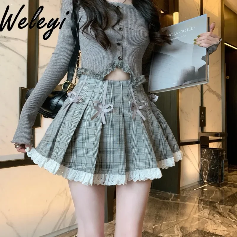 Jirai Kei Pleated Skirt Japanese Women's Clothing 2024 Summer College Style High Waist Bow Lace Edge A Line Bubble Plaid Skirts