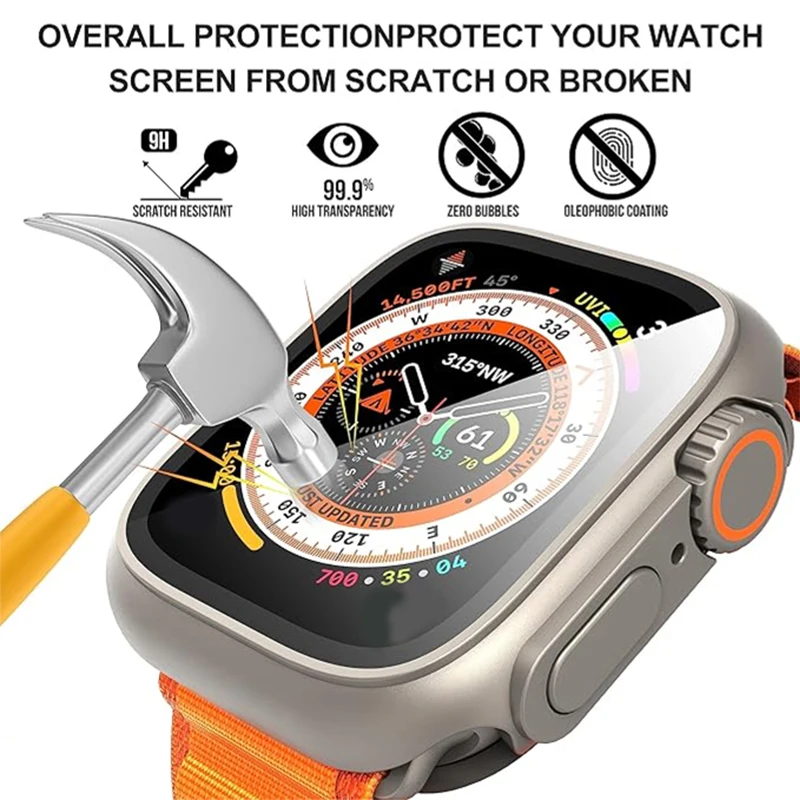 Tampa frontal e traseira com protetor de tela de vidro temperado, caso para Apple Watch 9, 8, 7, PC, iWatch 6, 5, 4, SE, 41mm, 40mm, 44mm, 45