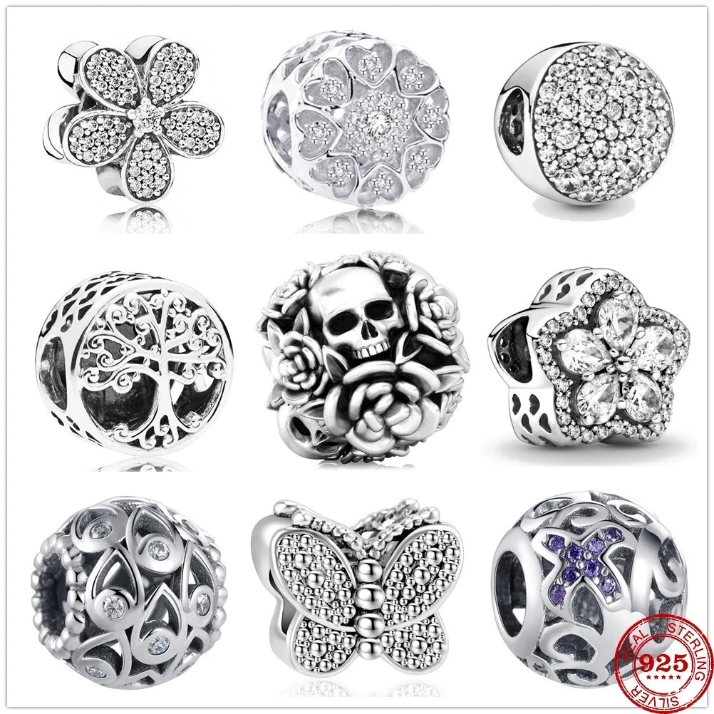 

New 925 Sterling Silver White Zirconia Family Tree Rose Butterfly Charm bead Fit Original Pandora Bracelet DIY Jewelry For Women