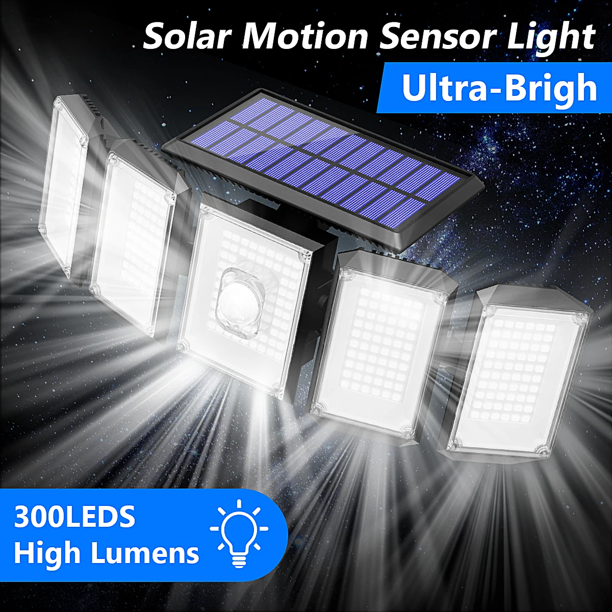 Sensore di movimento esterno con luci solari a 416 LED, 5 teste, 3 modalità 2400 mAh 350 °   Illuminazione Lampada di sicurezza per inondazione impermeabile per portico