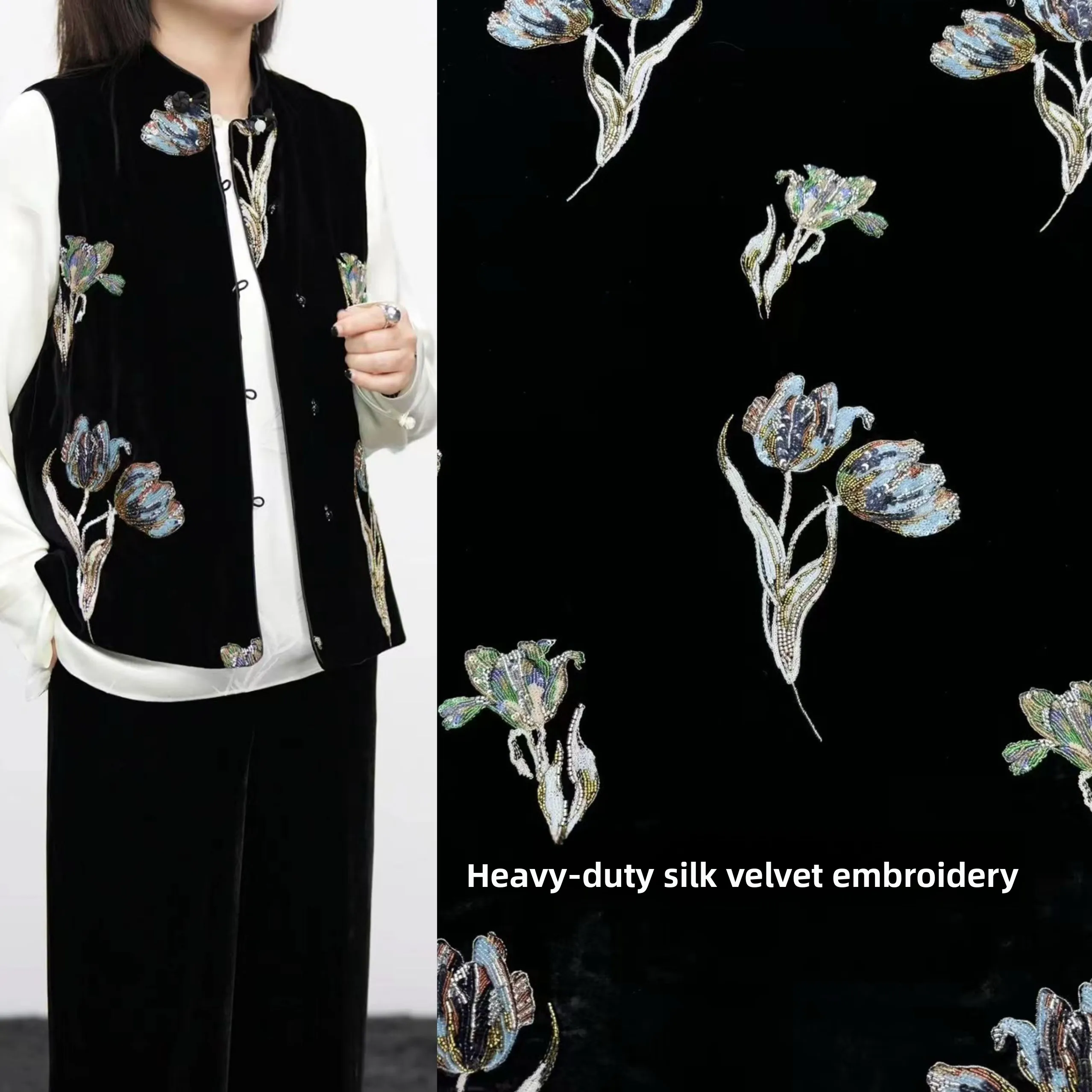 

Heavy Embroidery Silk Velvet Fabric for Autumn Winter Jackets Vests Embroidered Material Chinese Style DIY Sponge Pad