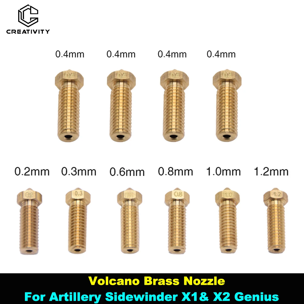 

Sidewinder X1& X2 Genius Artillery Volcano Brass Nozzle 0.2-1.2mm M6 Thread Hotend Nozzle For AnycubicVyper 1.75mm Filament