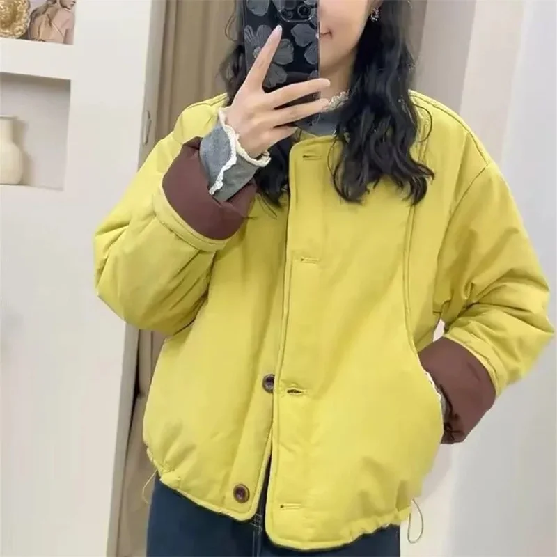 New 2025 Women's Cotton Coats Parka Korean Fashion Cuff Contrasting Splicing Cotton Jacket Winter Thicken Jacket Top Female
