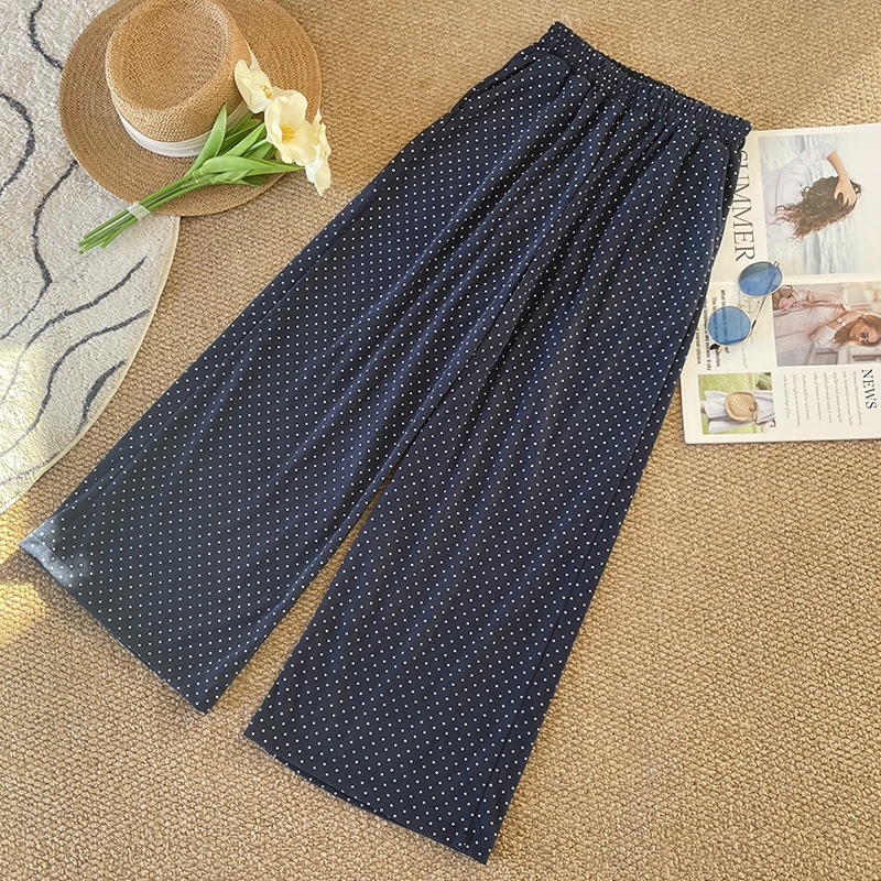 Pantalon décontracté en velours côtelé bleu à pois, taille haute, jambes longues et droites, coupe ample, fin, nouvelle collection printemps automne