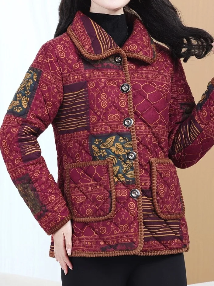 

Утепленная фланелевая куртка с принтом и воротником в ретро-стиле из хлопка для невысоких женщин среднего и старшего возраста, теплая верхняя одежда