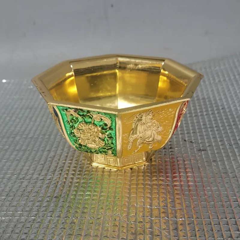 Antique-style enamel auspicious eight treasures gold ornament, vintage home decor collectible craft bowl decoration