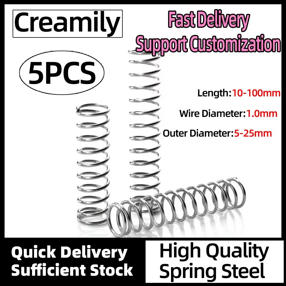 

Creamily 5PCS Pressure Spring Compression Spring Wire Diameter 1.0mm Outer Diameter 5mm-25mm Length 10mm-100mm