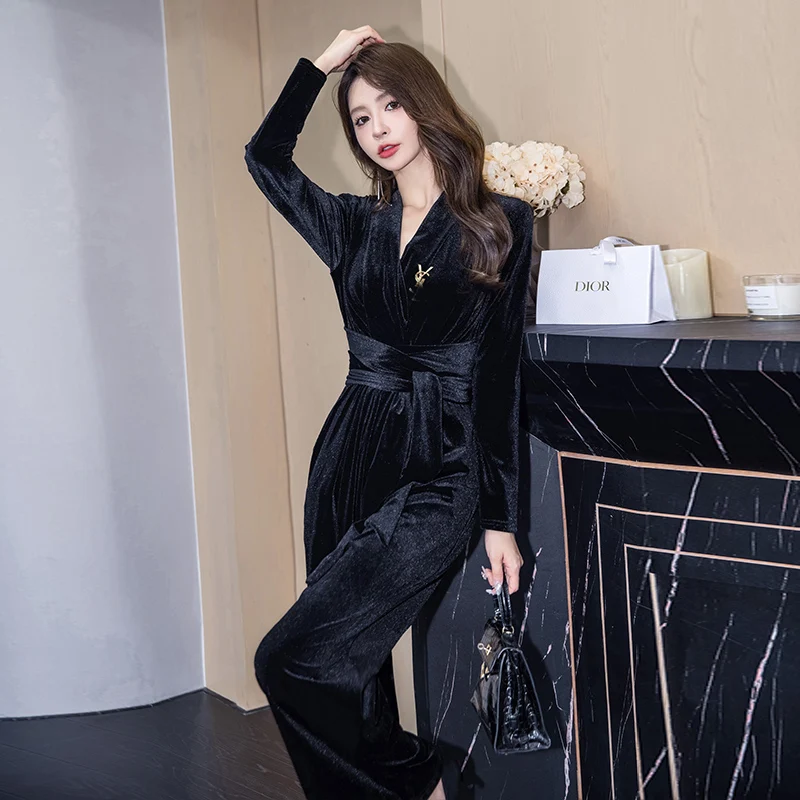 Korean Fashion Spring Autumn Velvet Jumpsuit Women High Waist Office Lady Black Jumpsuits Combinaison Femme Elegant Overalls