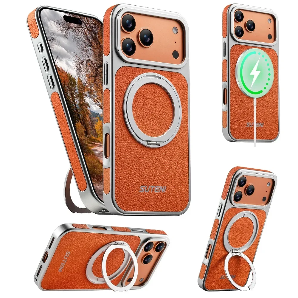 

Back 360° Rotating Stand Solid Color Leather Phone Case for iPhone 17 16 15 14 13 Pro Max with Support Magnetic Charging