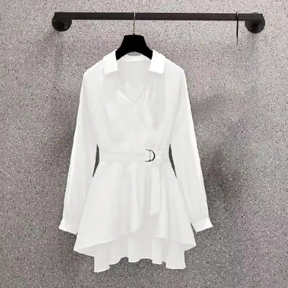 

Casual Shirt High-Waist Irregular Hem Skin-Touch Elegant Adjustable Belt Tunic Shirt Jumper Pullover Shirt Solid Color