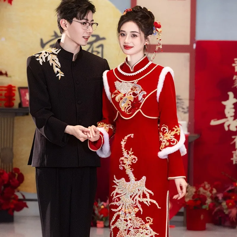 

New Chinese-style toasting cheongsam velvet wedding suit