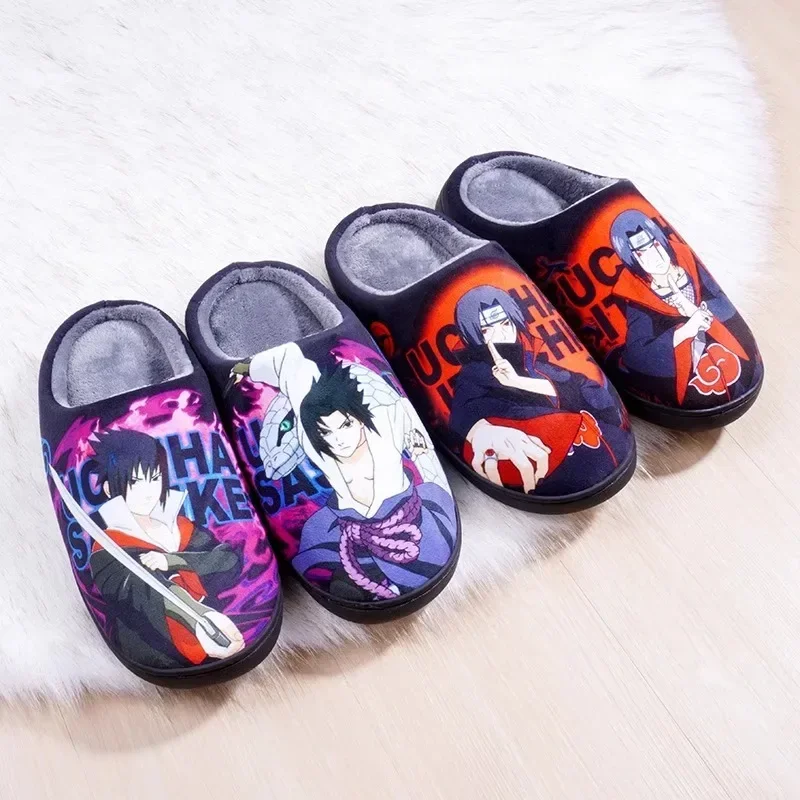 Anime Naruto Sasuke Warm Plush Cosplay Slippers Couple\'s Indoor Non-slip House Slides Men And Women Toe Wrap Home Cotton Shoes