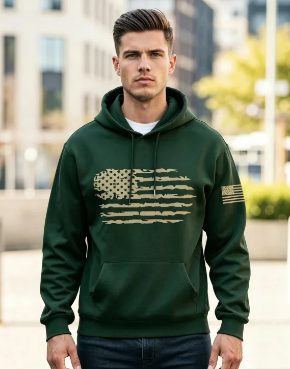 Men Hoodie Distressed American Flag Graphic Print Hooded Sweatshirt Drawstring Pocket Casual Loose Male Streetwear Pullover Tops