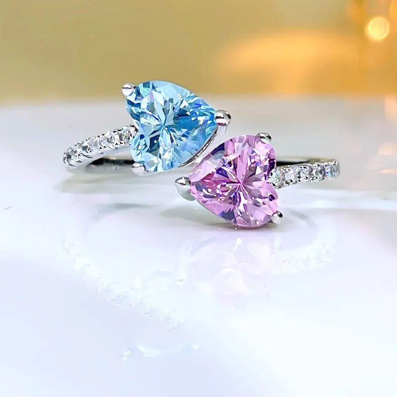 Exquisite Cute Heart-shaped Blue and Pink Stone Silver Color Luxury Rings For Women Fashion Jewelry Wedding Engagement 2023 New