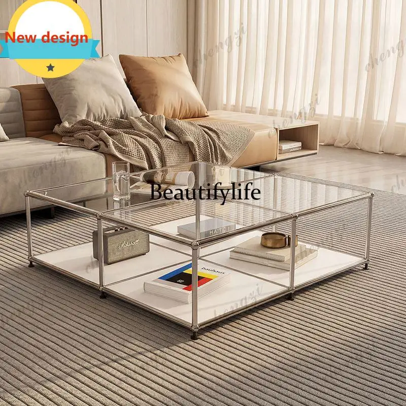 D8000  Stainless steel glass coffee table medieval module combination double-layer coffee table modern simple living room side t