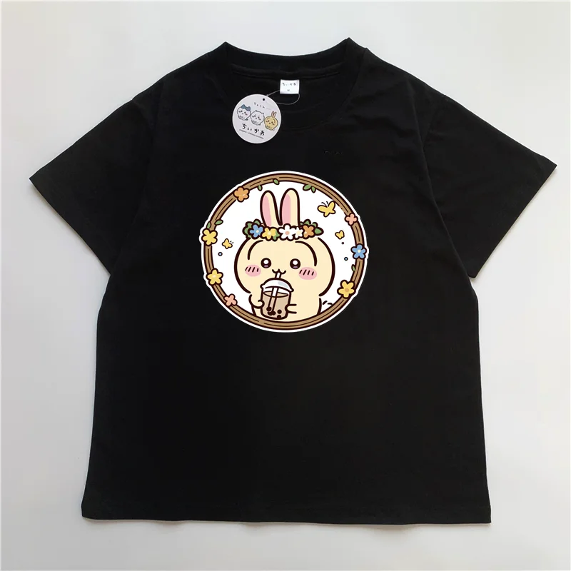 Cute Rabbit Drinking Milk Tea Graphic T-Shirt Men Women Oversized Short Sleeve Tee Kawaii Bunny Print Casual Streetwear Top​