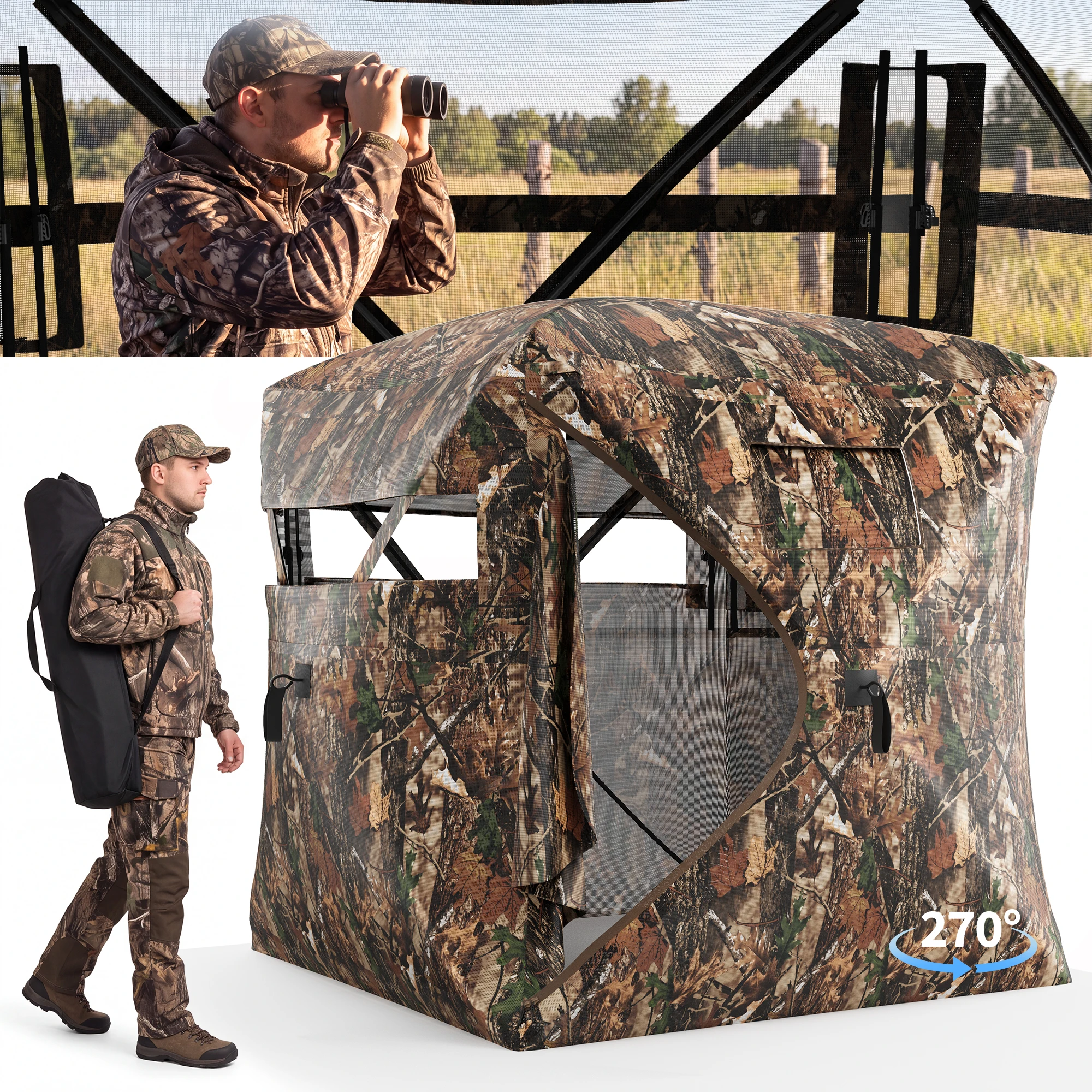 Hunting Blind 270/360 See Through Pop Up Outdoor Blind Tent for Deer Nature Observation Mesh Windows 58