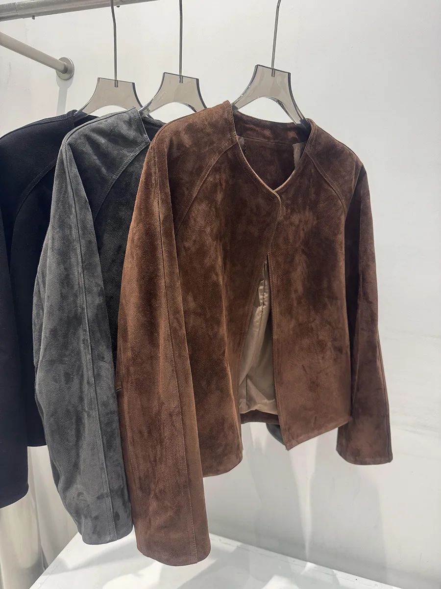 Herfst/winter minimalistische vintage geitenleer suède leren jas met ronde hals voor dames