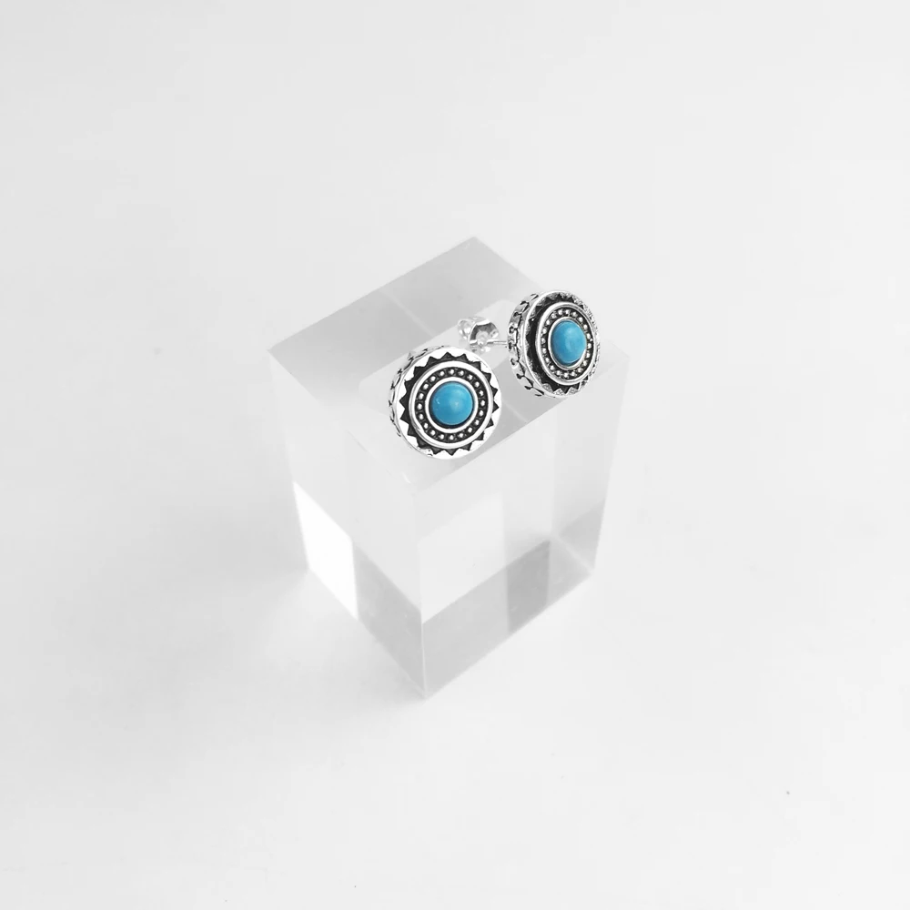 Round Turquoise Ethno Studs Earrings Pure 925 Sterling Silver Vintage Jewerly Gift For Women Men