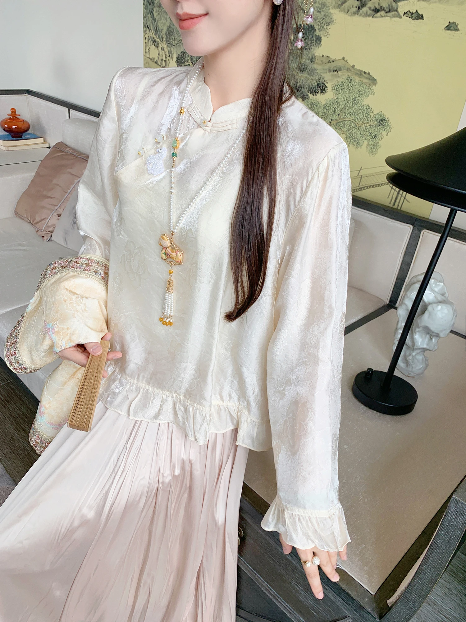

Gogoga Home Chinese Sle Long Sve White irt Stand Collar Side Buttoned Embroidered Le Versatile Traditional Faion