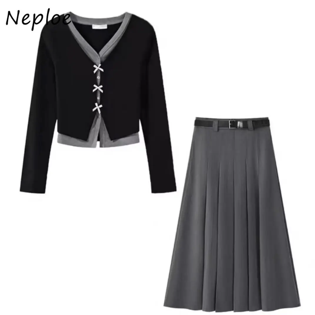

Небольшой изысканный костюм Neploe в французском стиле, юбка, вязаный плиссированный кардиган с поясом и высокой талией, облегающий кардиган с бантом, женская одежда